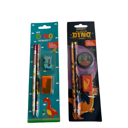Kit Escolar Dino - 2 Lápis HB, 1 Borracha e 1 Apontador | Leo&Leo