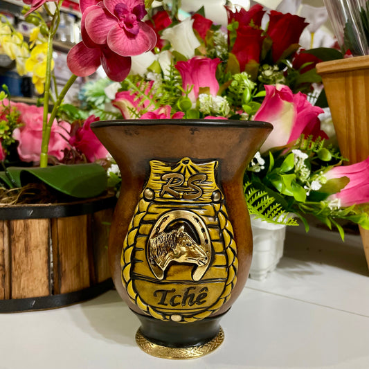 Cuia de Chimarrão de Porongo 15 cm Brasão Cavalo Crioulo | Eduardo Benites