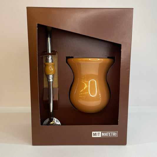 Kit Chimarrão Matetri – Cuia de Chimarrão Caramelo + Bomba Inox | Elegância e Tradição