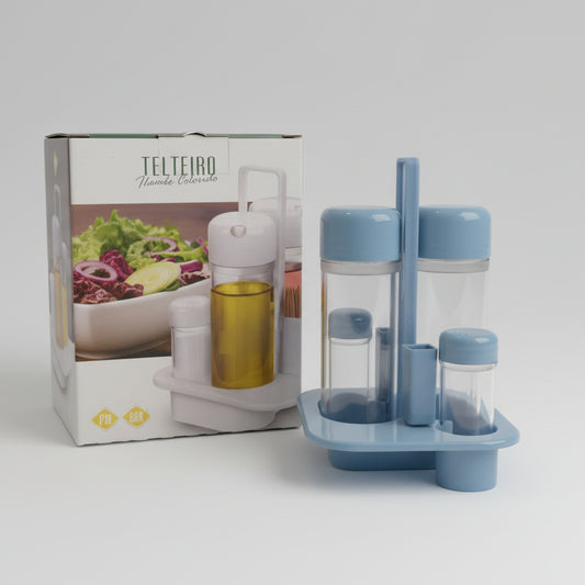 Galheteiro Colorido com Tampa Cromada 5 Peças Delta Util – Conjunto Porta Azeite, Vinagre, Sal, Pimenta e Paliteiro – Plástico Resistente com Suporte (13,9×13×19,7 cm) – Cozinha e Mesa