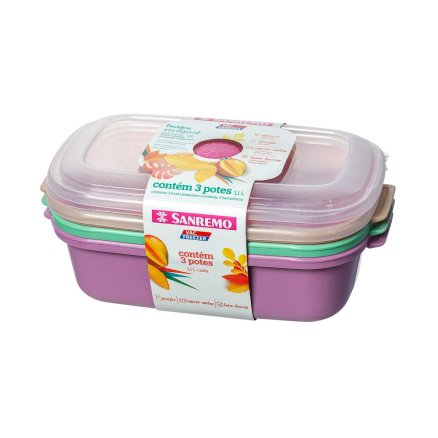 Conjunto 3 Potes Retangulares Plástico Sanremo 1,1L