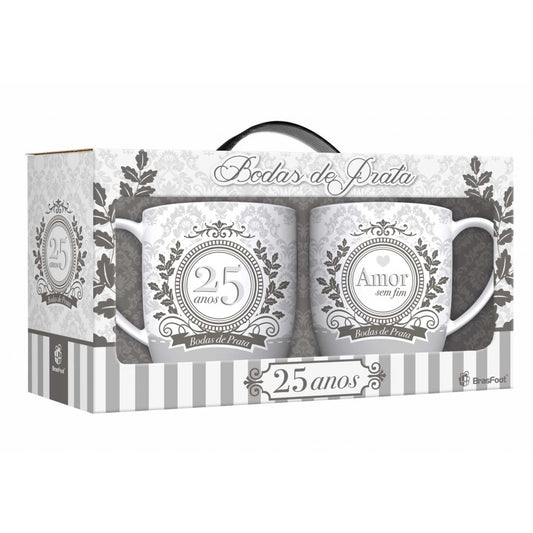 Kit 2 Canecas de Porcelana Urban 300 ml Bodas De Prata | BrasFoot Presentes