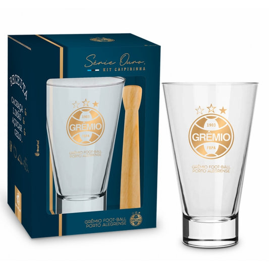 Kit Caipirinha Copo 400 ml do Grêmio e Socador - Série Ouro | Brasfoot Presentes