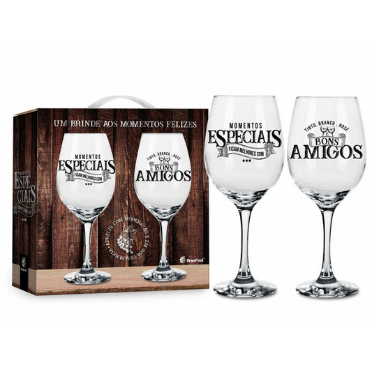 Kit com 2 Taças de Vinho 385ml - Momentos Especiais Ficam Melhores com Bons Amigos | Brasfoot