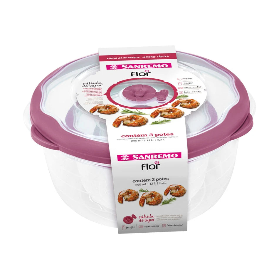Conjunto 3 Potes Herméticos Redondos Sanremo Linha Flor – 290 ml + 1,1 L + 3,2 L | Livre de BPA, Micro-ondas, Freezer e Lava-Louças