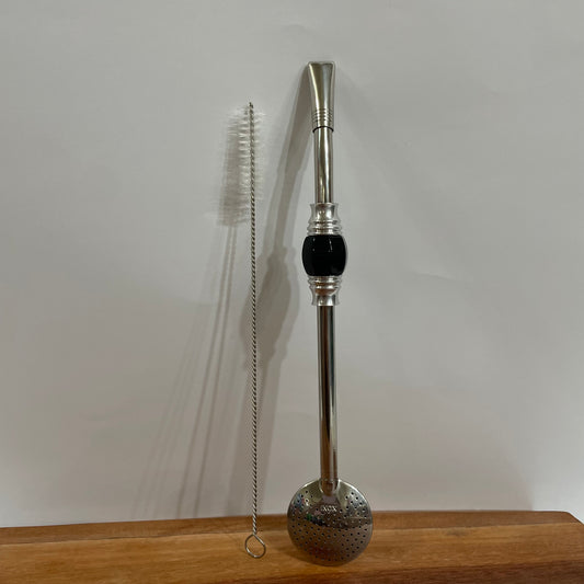 Bomba de Chimarrão Aço Inox 23 cm com Rosca - Pedra Acrílica Preta | Garibaldi