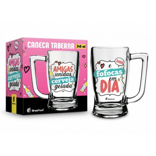Caneca de Vidro Taberna 340 ml - Amigas Unidas, Cerveja Gelada e Fofocas em Dia | Brasfoot Presentes