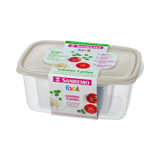 Conjunto 3 Potes Retangulares Herméticos Sanremo 580 ml • 1,4 L • 3,2 L – Livre de BPA, Micro-ondas, Freezer e Lava-louças