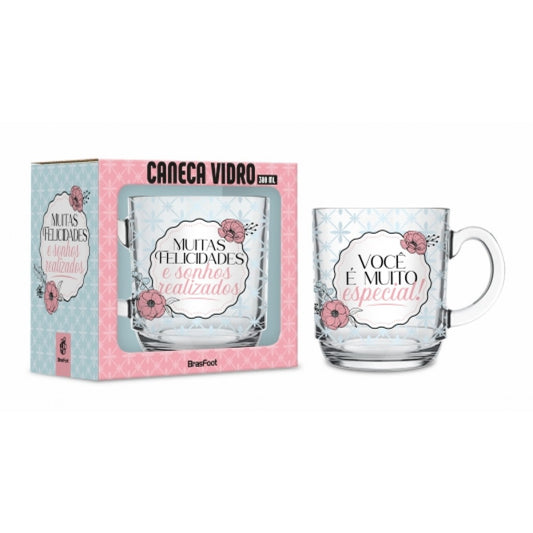 Caneca de Vidro Elegance - Muitas Felicidades e Sonhos Realizados | Brasfoot Presentes