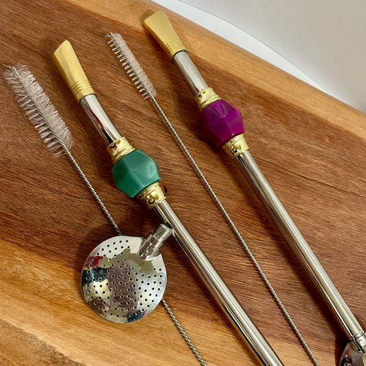 Bomba de Chimarrão Aço Inox 25 cm com Rosca - Bocal Dourado - Decoração Pedra Acrílica | Garibaldi