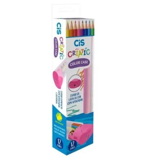 Kit Escolar Cis Criatic | Estojo Rosa + Lápis de Cor Sextavado 12 Cores + Apontador | Cis