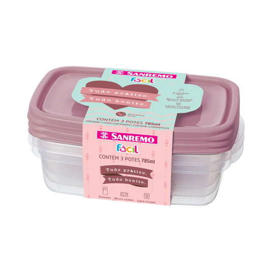 Kit 3 Potes Plásticos 785 ml | Rosa | Sanremo 165/7C