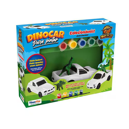 Dinocar Para Pintar Dino Play HomePlay | Carrinho + Dino + 5 Tintas Laváveis + Pincel | Brinquedo Criativo Infantil
