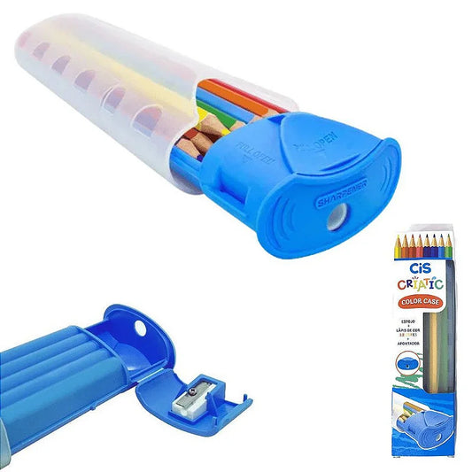 Kit Escolar Cis Criatic | Estojo Azul + Lápis de Cor Sextavado 12 Cores + Apontador | Cis