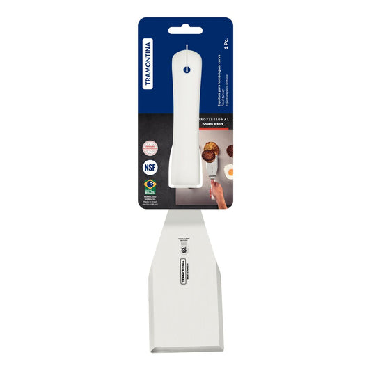Espátula Profissional para Hambúrguer Tramontina 7×4¼″ | Aço Inox DIN 1.4110 • Cabo Polipropileno Branco Antimicrobiano • NSF