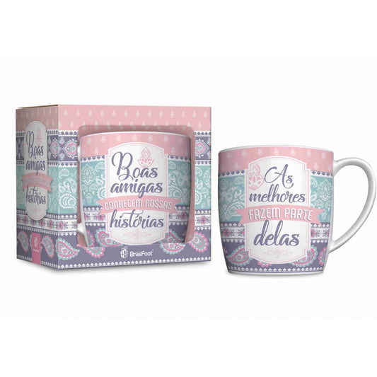 Caneca de Porcelana Urban 300ml - Boas Amigas Conhecem Nossas Histórias, as Melhores Fazem Parte Delas | Brasfoot