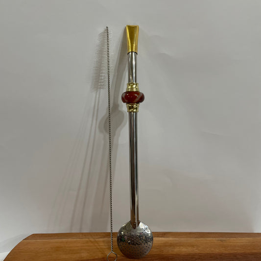 Bomba de Chimarrão Aço Inox 25 cm com Rosca - Bocal Dourado - Pedra Acrílica Marrom | Garibaldi