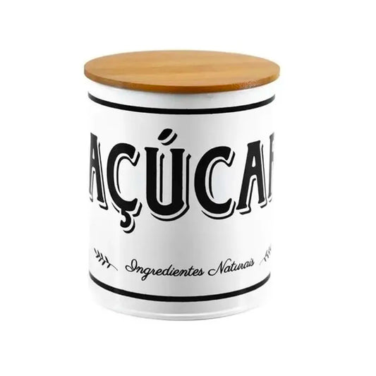 Pote de Mantimentos Açúcar Lata Branco 1,2 L (11×13 cm) – Tampa de Bambu Vedante
