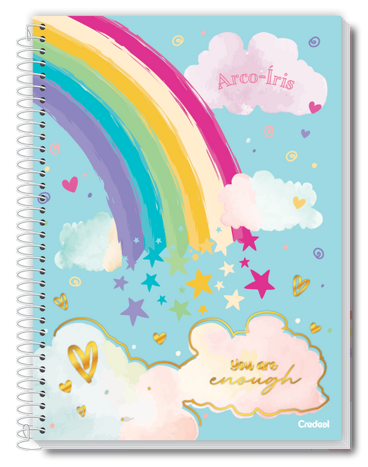 Caderno Arco‑Íris 1 Matéria 80 Folhas Credeal – Capa Dura Espiral Universitário | Design Motivacional Colorido
