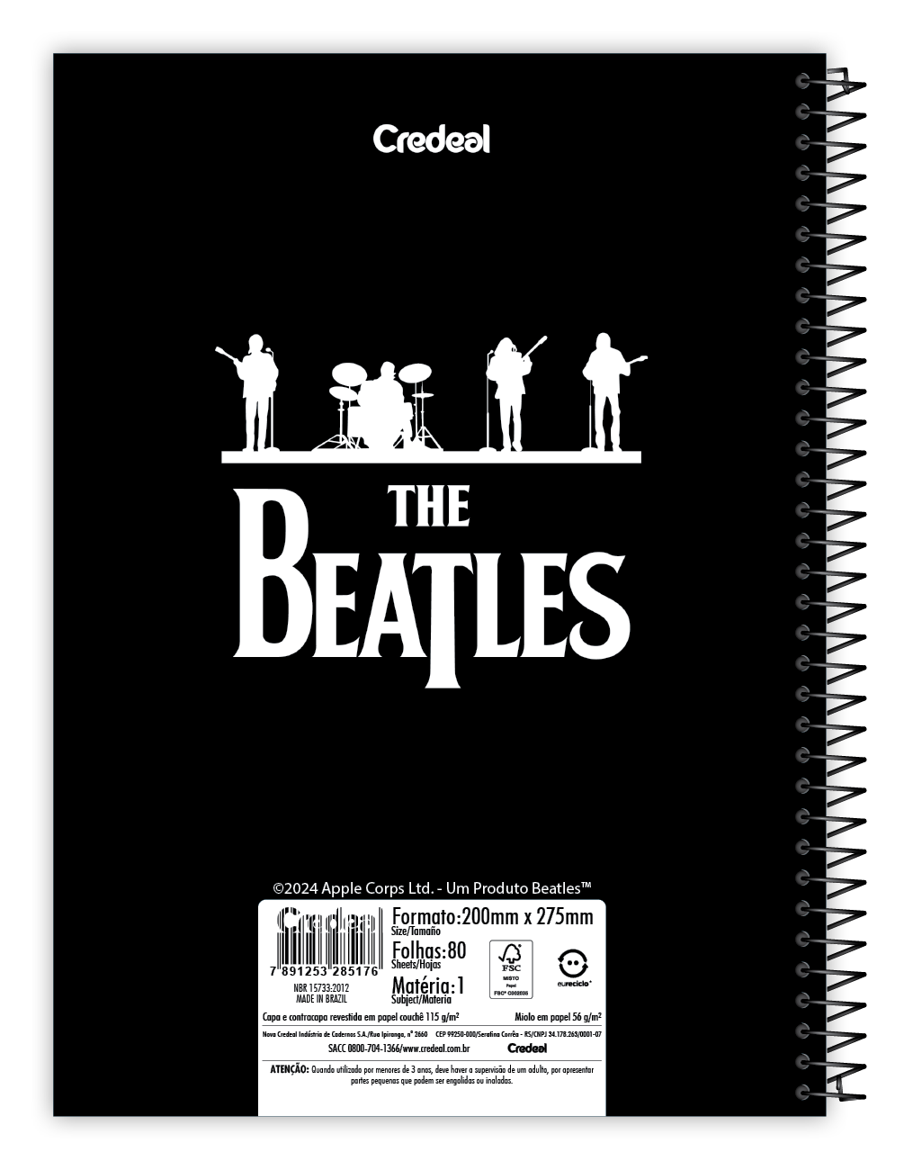Caderno The Beatles 1 Matéria 80 Folhas Credeal – Universitário, Capa Dura Espiral – Tamanho Grande 20×27,5 cm