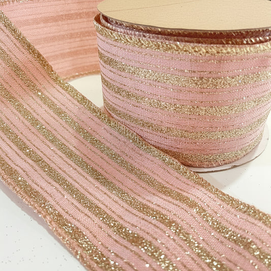 Fita Decorativa Aramada FlorArte Linho com Glitter e Costura – 6,3 cm x 9,14 m – Cor Rosa Champanhe