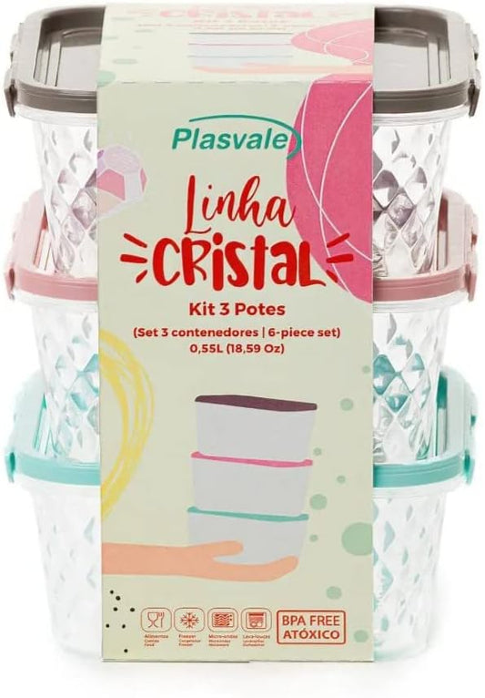 Conjunto de 3 Potes Quadrados Cristal 0,55 Litros | Plasvale