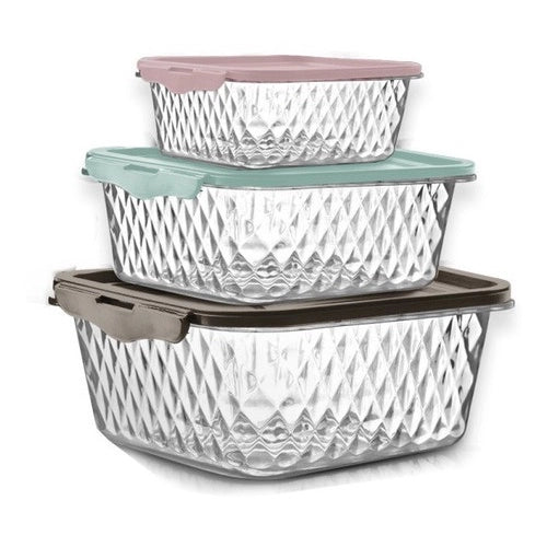 Conjunto de 3 Potes Quadrados Cristal 550ml, 1 Litro e 1,7 Litro | Plasvale