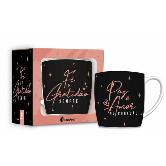Caneca de Porcelana Urban 300ml Fé e Gratidão Sempre | Brasfoot Presentes