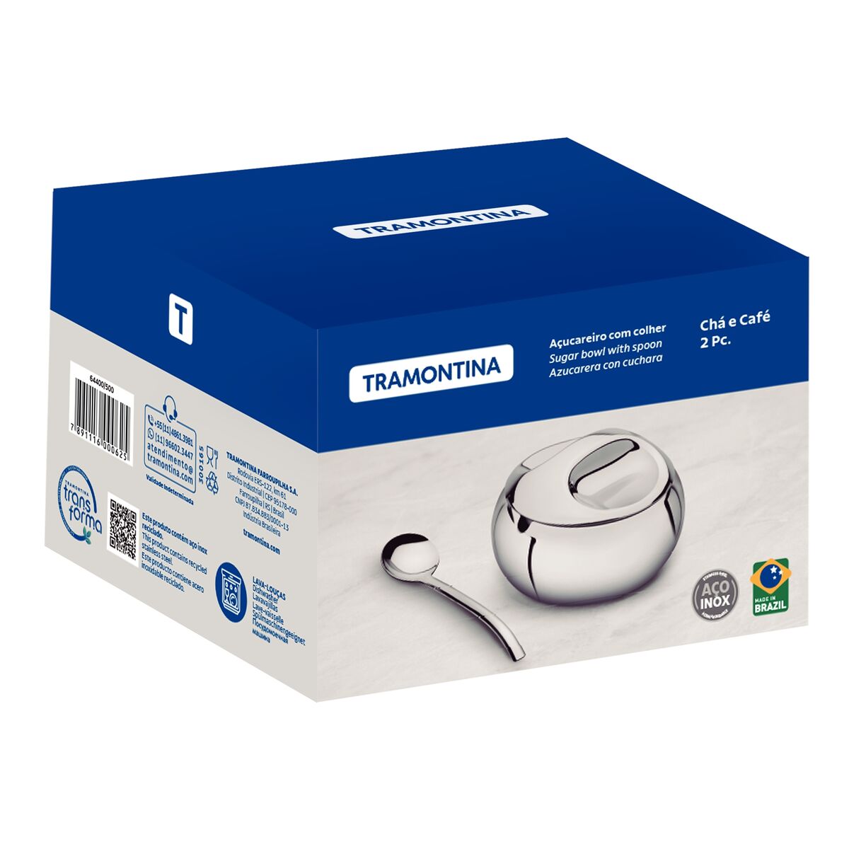 Açucareiro Tramontina 320 ml em Aço Inox com Colher – Linha Chá & Café 64400/500, 100% Inox, Acabamento Brilho