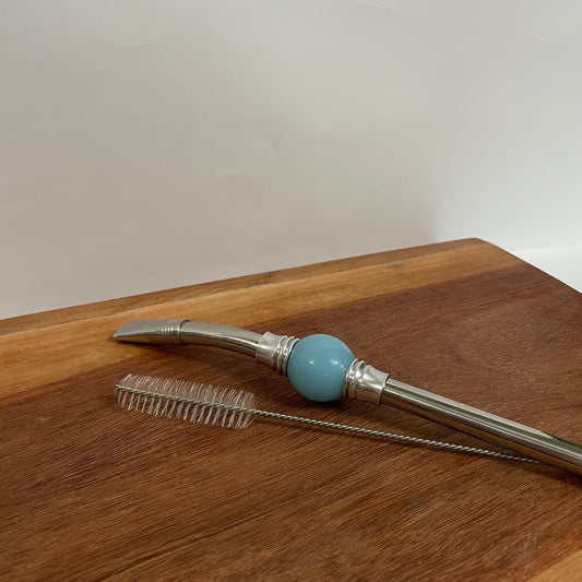 Bomba de Chimarrão Aço Inox 25 cm com Rosca - Pedra Acrílica Azul | Garibaldi