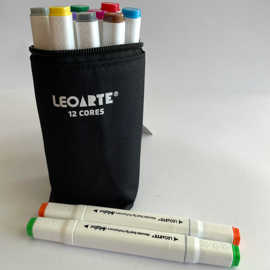 Estojo 12 Canetinhas LeoArte Dual Tip Profissional – Marcador Artístico e Escolar