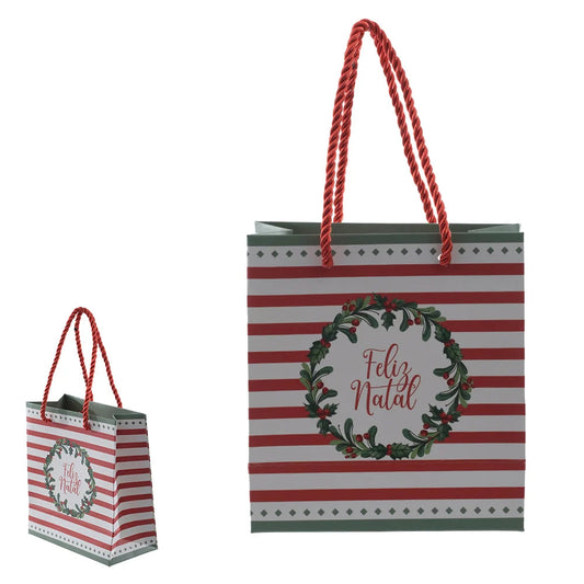 Sacola de Papel Natalina FlorArte “Guirlanda Berry” – Vermelho e Verde 15,5×14,3×7 cm – Presente, Lembrancinha e Decoração