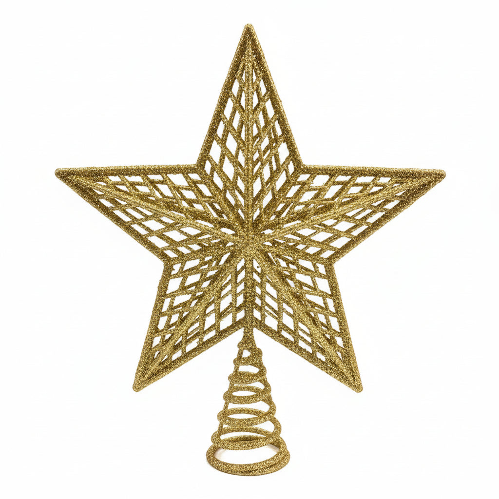 Ponteira Estrela Vazada com Glitter 20 × 20 cm – Topo de Árvore de Natal Brilhante