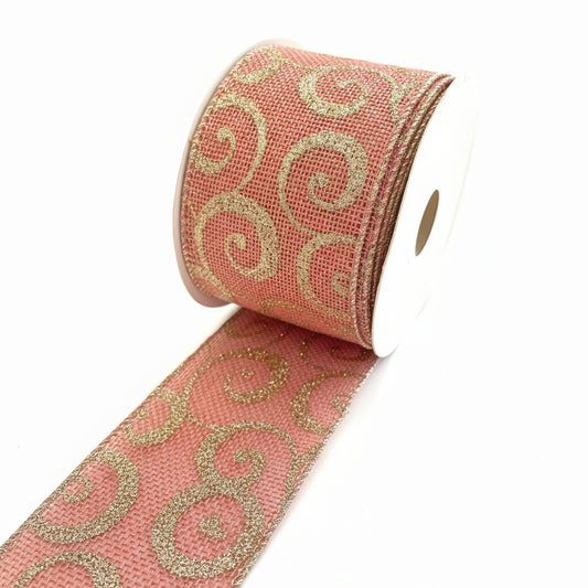 Fita Aramada 6,3 cm × 9,14 m Decorativa Rosa Detalhes Dourados Florarte – Tecido com Arame | Decoração de Natal