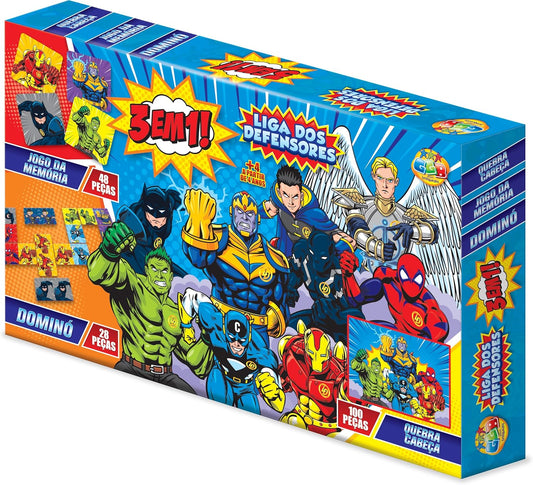 3 Jogos em 1 Liga dos Defensores - Quebra Cabeça, Jogo da Memória e Dominó - GGB Brinquedos