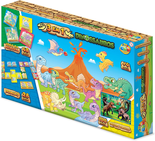 3 Jogos em 1 Dinossauros - Quebra Cabeça, Jogo da Memória e Dominó - GGB Brinquedos