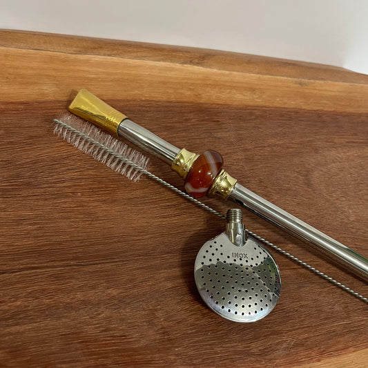 Bomba de Chimarrão Aço Inox 25 cm com Rosca - Bocal Dourado - Pedra Acrílica Marrom | Garibaldi