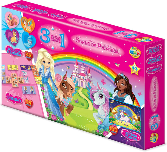 3 Jogos em 1 Sonho de Princesa - Quebra-Cabeça, Jogo da Memória e Dominó | GGB Brinquedos