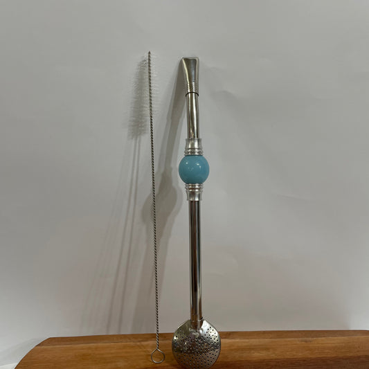 Bomba de Chimarrão Aço Inox 25 cm com Rosca - Pedra Acrílica Azul | Garibaldi