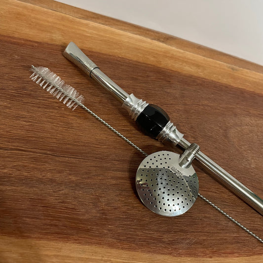 Bomba de Chimarrão Aço Inox 23 cm com Rosca - Pedra Acrílica Preta | Garibaldi