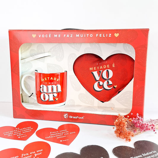 Caneca de Porcelana 300 ml + Mini Almofada - Metade de Mim é Você | BrasFoot Presentes