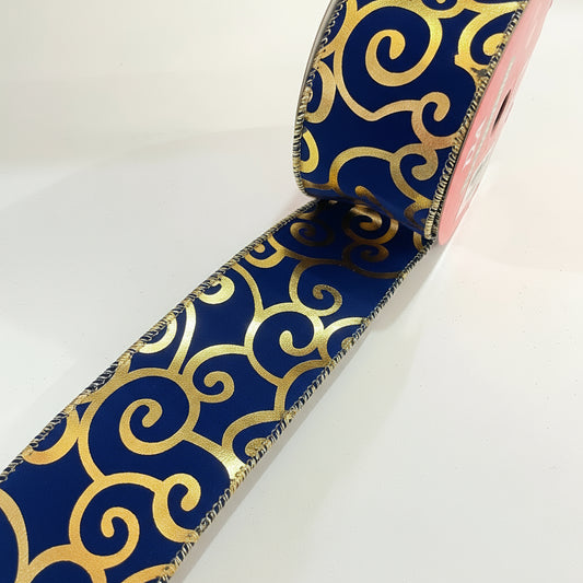 Fita Aramada de Veludo Azul e Dourado – 6,3 cm x 9,14 m – D&A Decorações