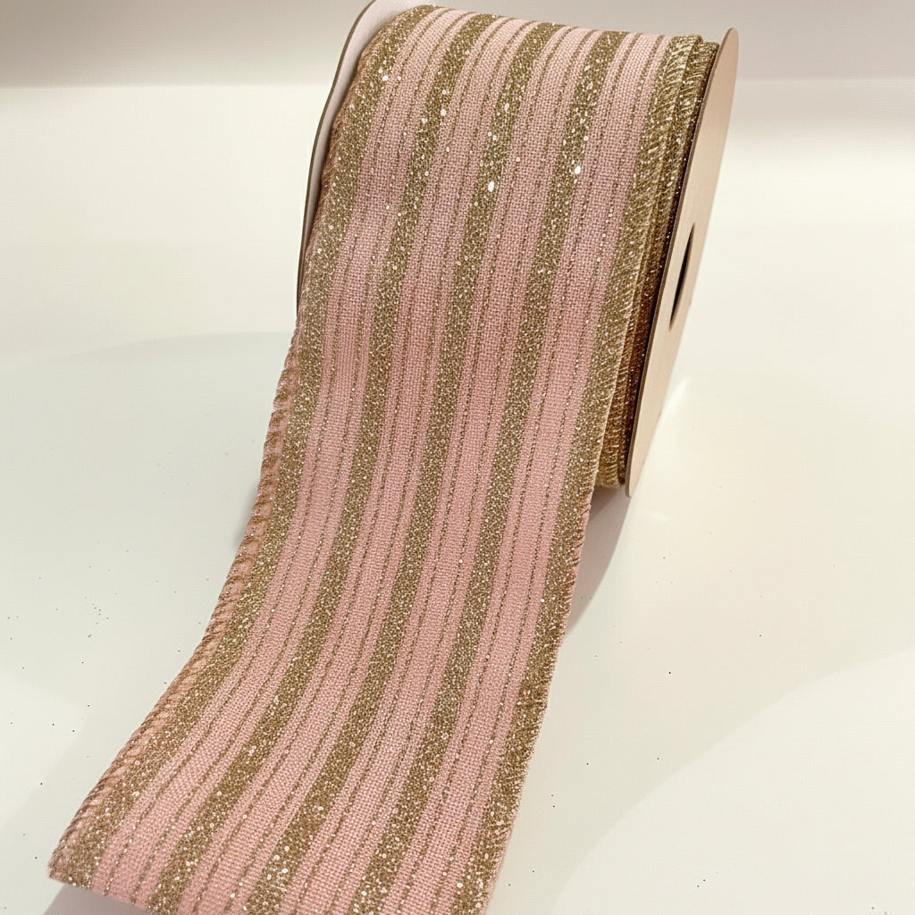 Fita Decorativa Aramada FlorArte Linho com Glitter e Costura – 6,3 cm x 9,14 m – Cor Rosa Champanhe