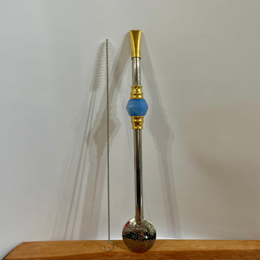 Bomba de Chimarrão Aço Inox 25 cm com Rosca - Bocal Dourado - Decoração Pedra Acrílica | Garibaldi