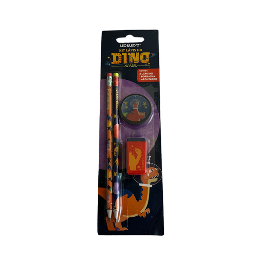 Kit Escolar Dino - 2 Lápis HB, 1 Borracha e 1 Apontador | Leo&Leo