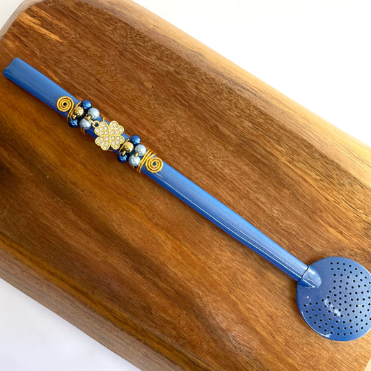 Bomba Chimarrão Inox Azul Sem Rosca 23 cm com Pingente | Matetri