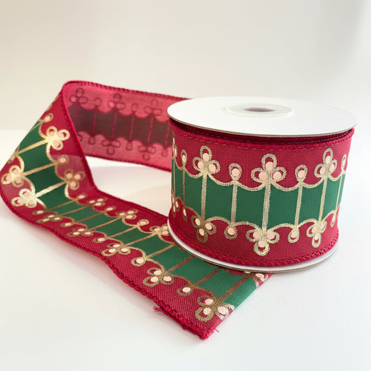 Fita Aramada de Linho Decoração Vermelha, Verde, Detalhes Dourados 6,3 cm x 9,14 m FlorArte – Ideal para Laços & Decoração