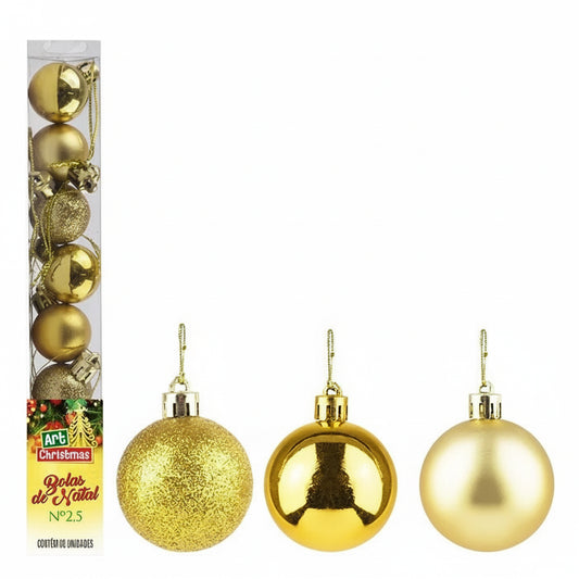 Kit 8 Bolas de Natal Douradas 2,5 cm Art Christmas – Acabamento Liso, Fosco e Glitter – Enfeites de Árvore Natalina