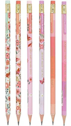 Lápis de Escrever Preto Sextavado Decorado Borboletas com Borracha | Molin