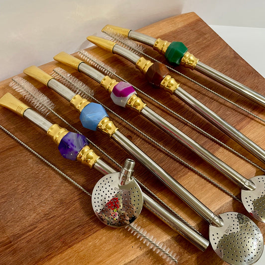 Bomba de Chimarrão Aço Inox 25 cm com Rosca - Bocal Dourado - Decoração Pedra Acrílica | Garibaldi